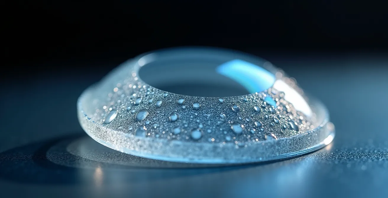 Microscopic view of a contact lens surface showing the porous material texture where deposits can embed