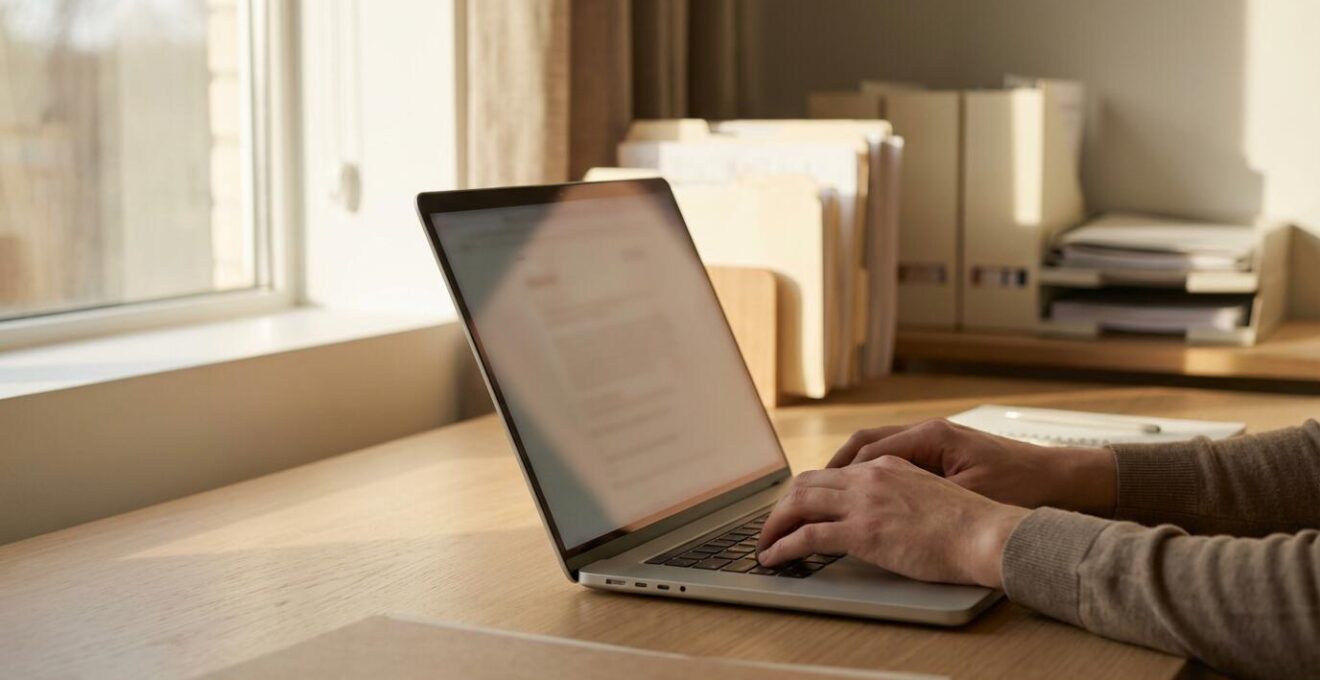 Person researching medical credentials on a laptop, seen from over the shoulder.