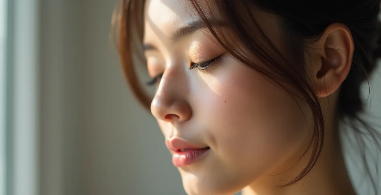 Side profile showing proper eyelid closure technique for therapeutic blinking