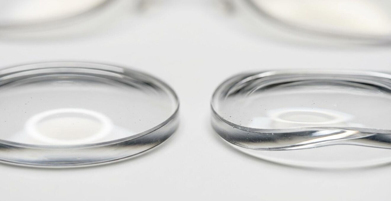 Macro photograph comparing the optical properties of toric and single vision lenses through light refraction patterns