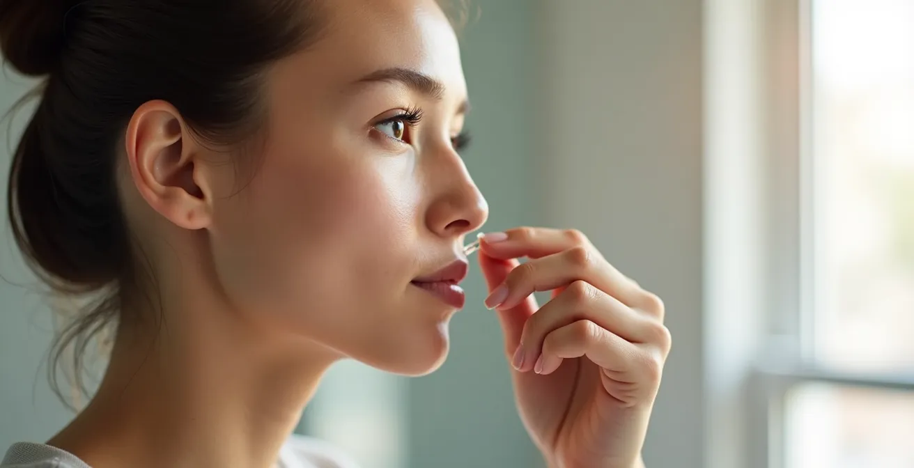 Person demonstrating stable hand position for eye drop application using facial landmarks