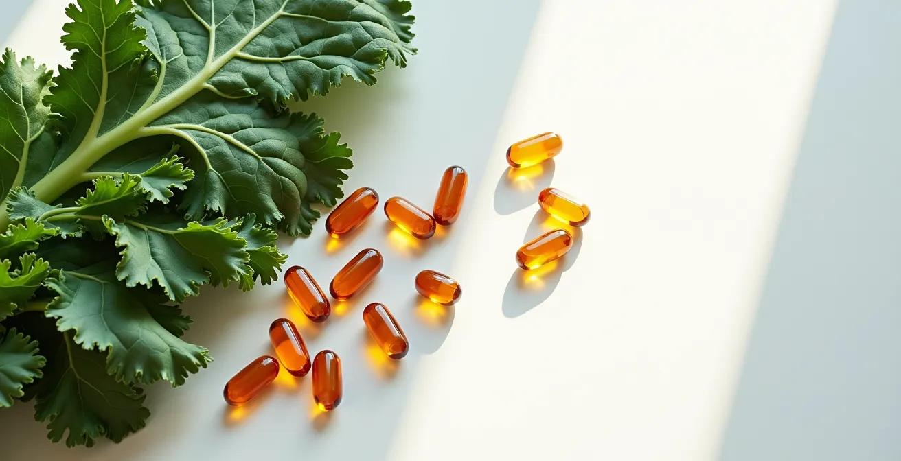 Minimalist comparison of natural kale leaves versus supplement capsules